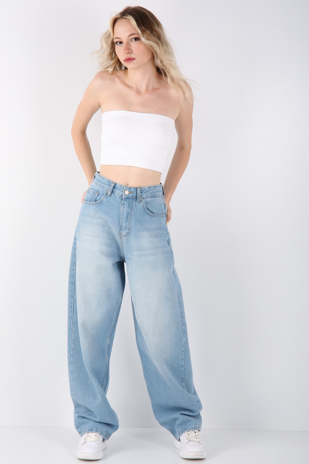 Kadın Yüksek Bel Wide Leg Jean Pantolon - Açık Mavi Denim