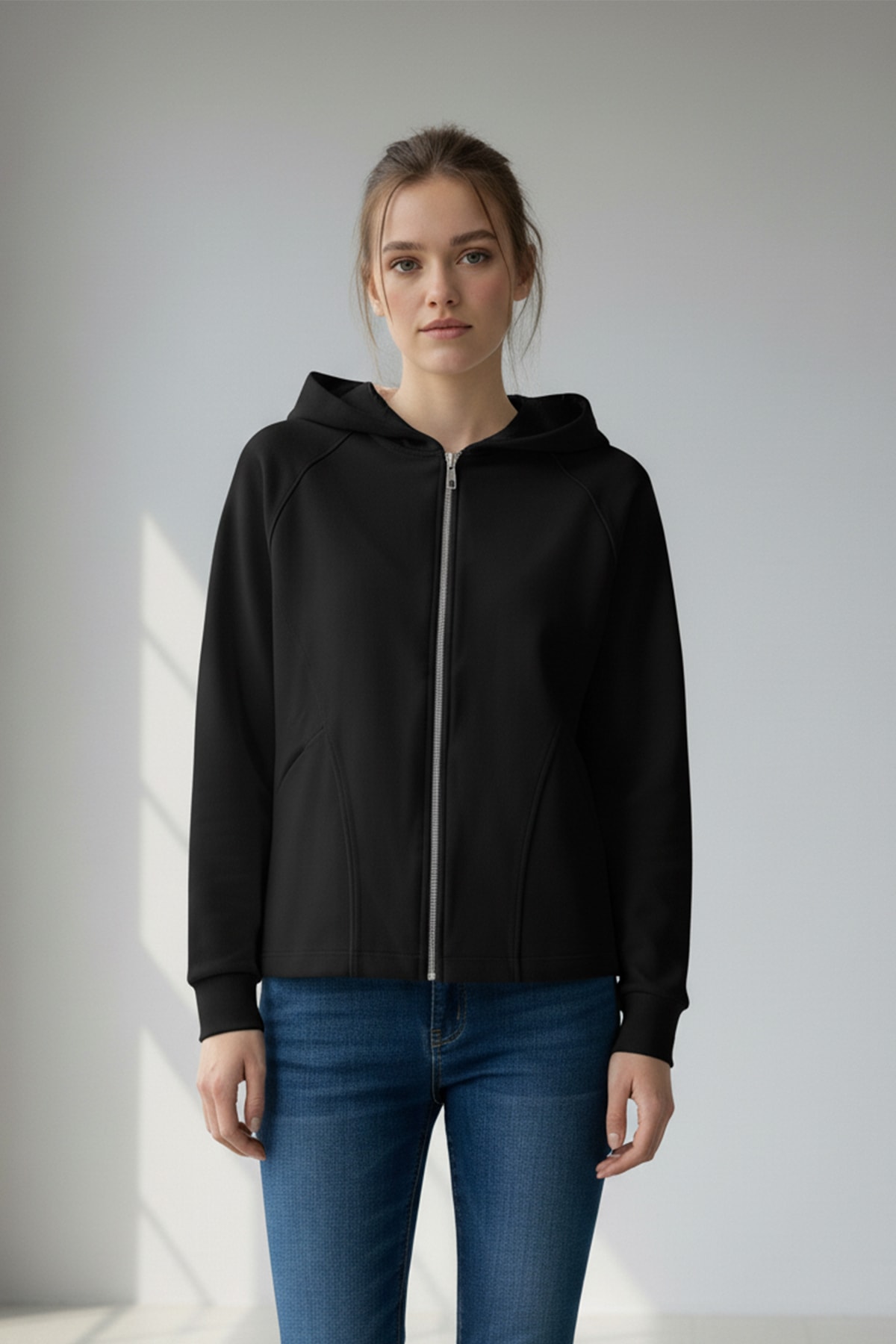 Rahat Kalıp Gizli Fermuarlı Kapüşonlu Sweatshirt