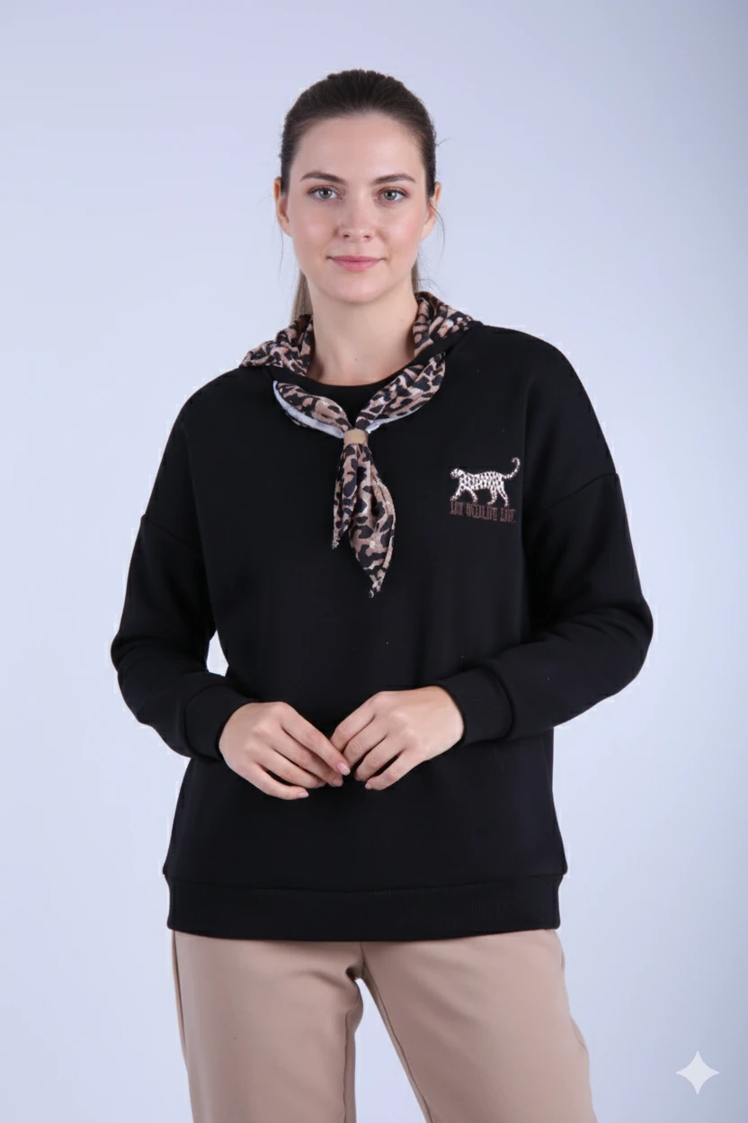 Leoparlı Fularlı Sweatshirt