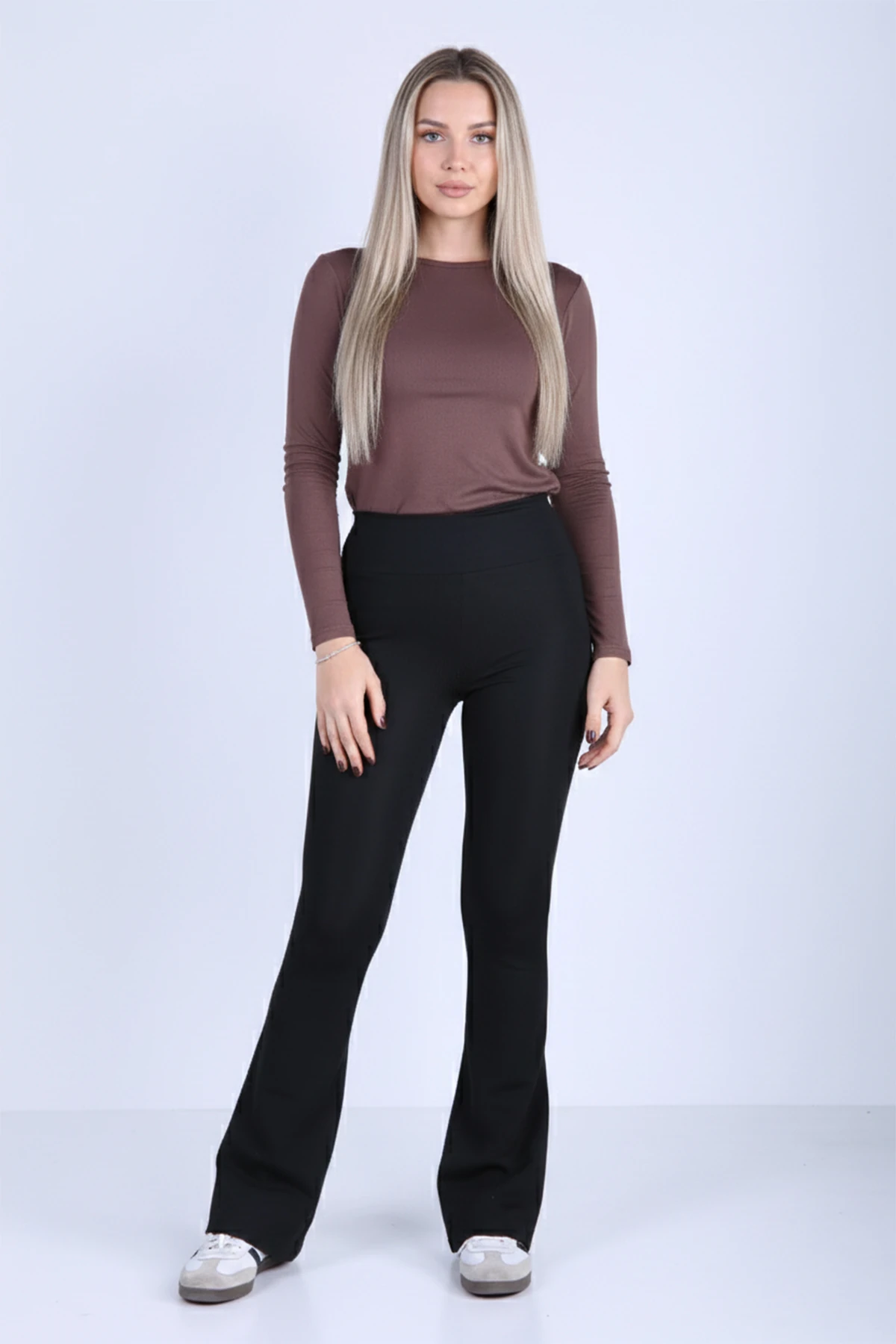 Kadın Yüksek Bel İspanyol Paça Şardonlu Dalgıç Kumaş Tayt