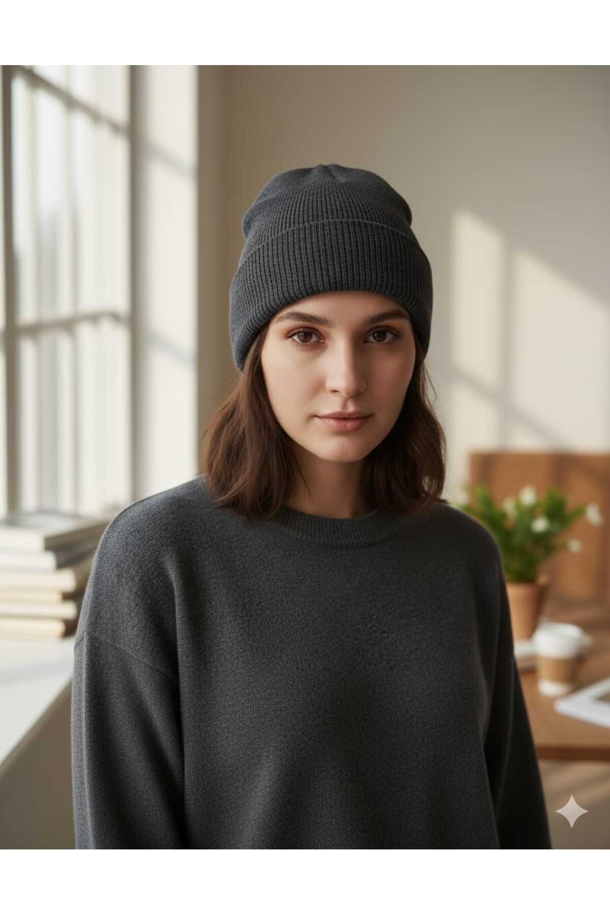 Unisex Basic Antrasit Bere Katlamalı Standart Kalıp Atkı Şapka