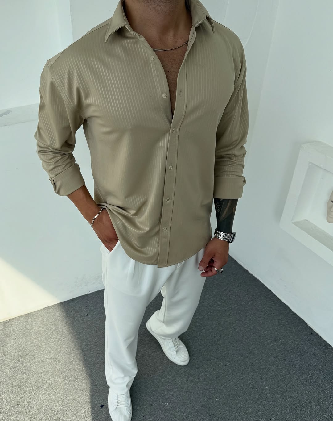 Erkek Polo Yaka Uzun Kollu Kendinden Çizgili Gömlek, Oversize Kalıp, Pamuk-Polyester