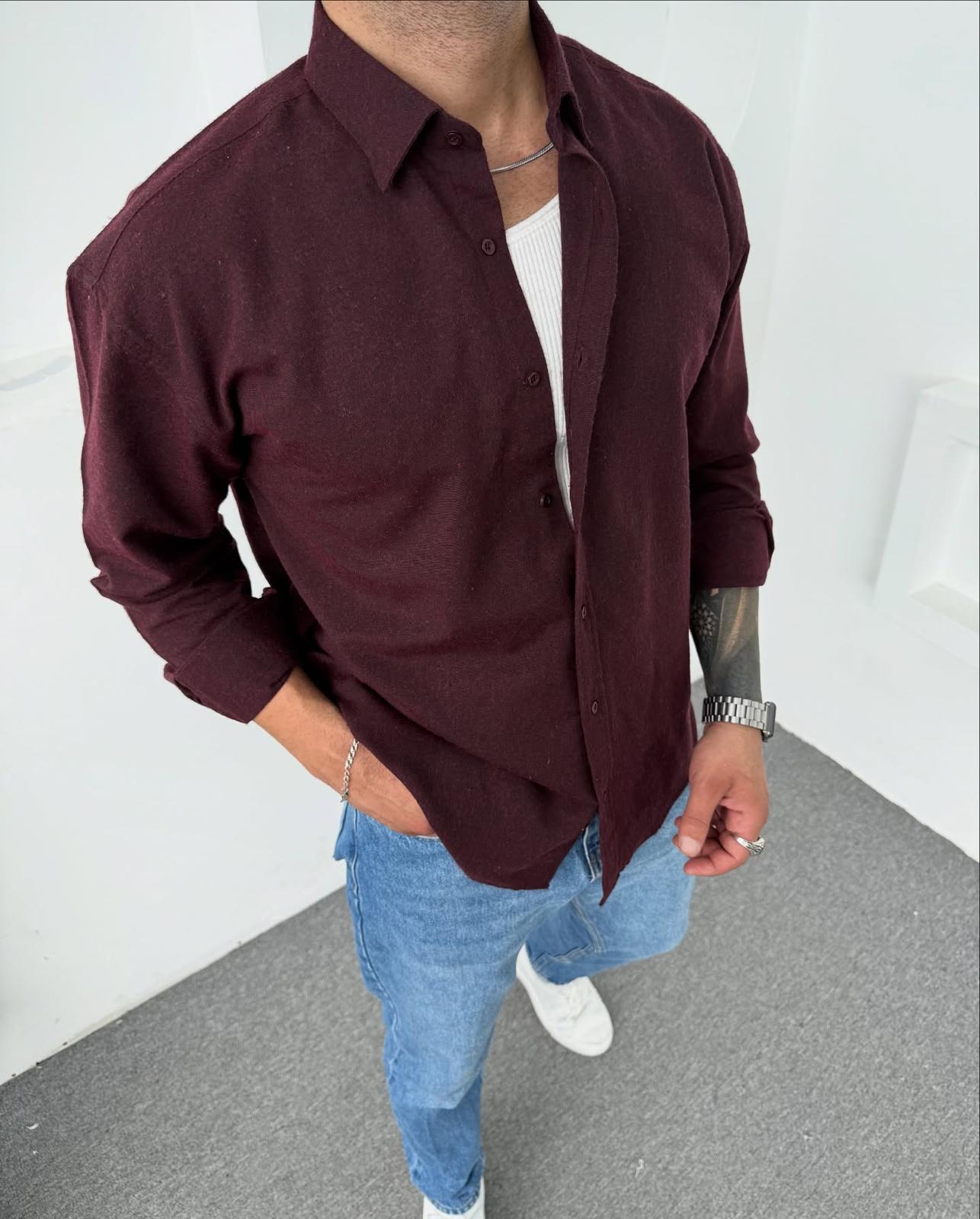 Erkek Oversize Kışlık Düğmeli Uzun Kollu Polo Yaka Gömlek