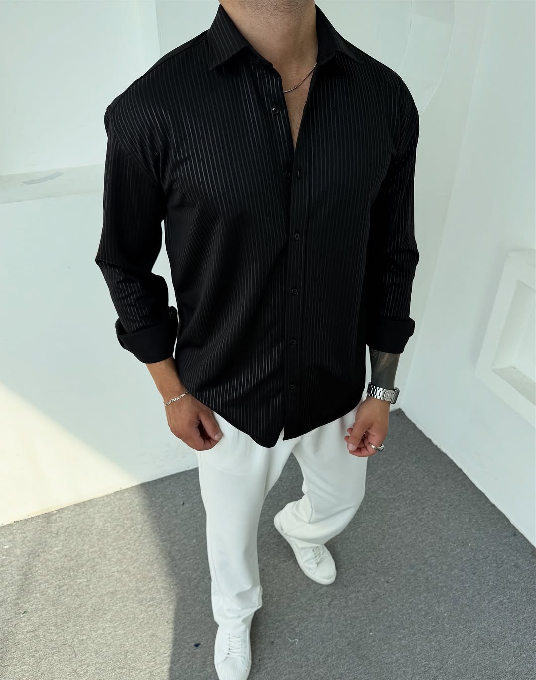 Erkek Polo Yaka Uzun Kollu Kendinden Çizgili Gömlek, Oversize Kalıp, Pamuk-Polyester