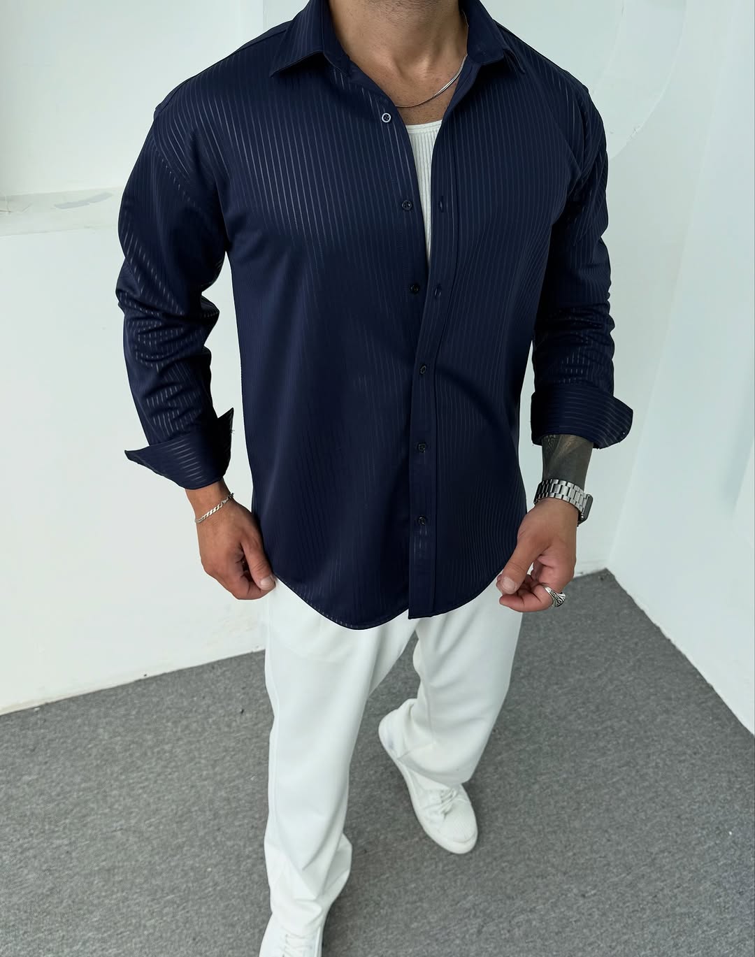 Erkek Polo Yaka Uzun Kollu Kendinden Çizgili Gömlek, Oversize Kalıp, Pamuk-Polyester