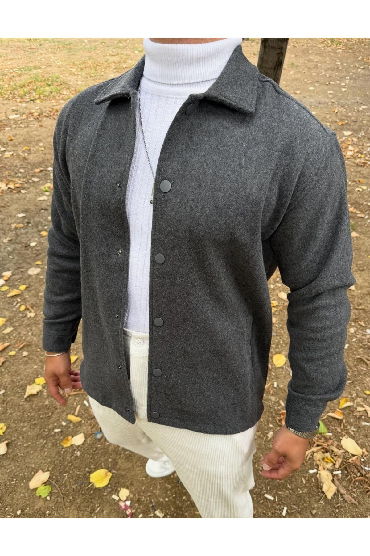Erkek Antrasit Oversize Gömlek Yaka Ceket Kaban Yün/Kaşe Görünümlü