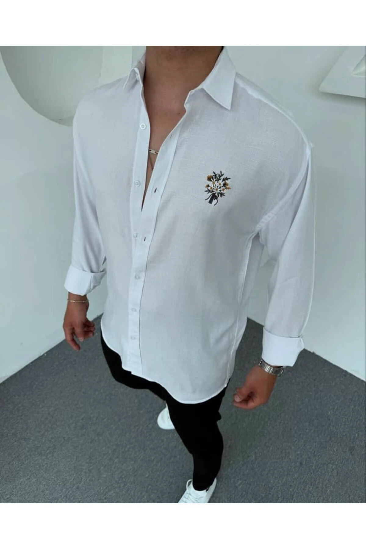 Pamuk Nakışlı Uzun kollu Erkek Gömlek