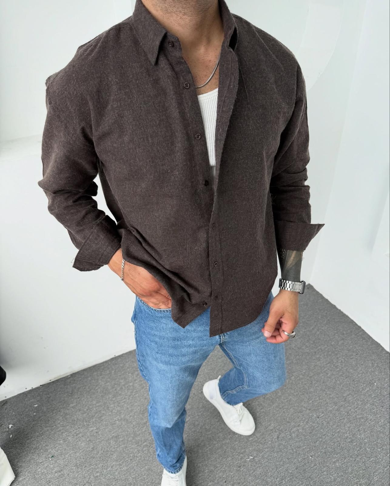 Erkek Oversize Kışlık Düğmeli Uzun Kollu Polo Yaka Gömlek