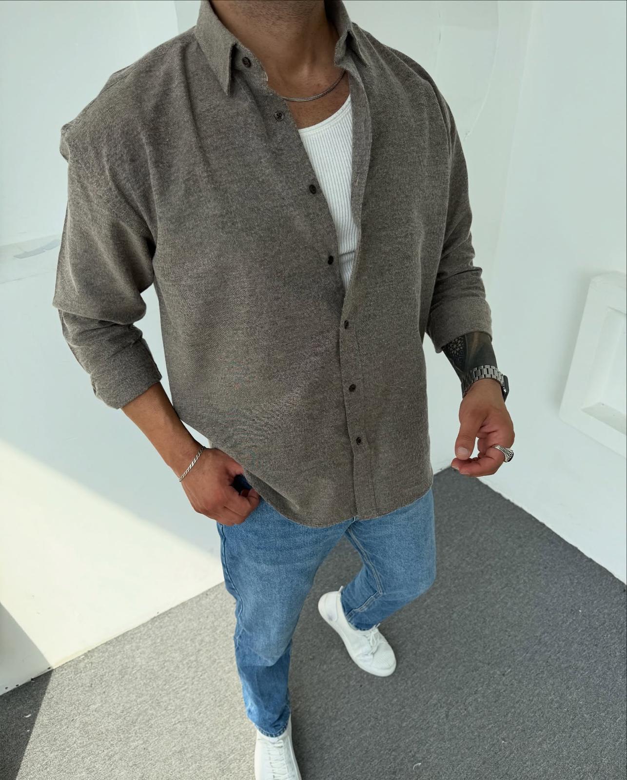 Erkek Oversize Kışlık Düğmeli Uzun Kollu Polo Yaka Gömlek