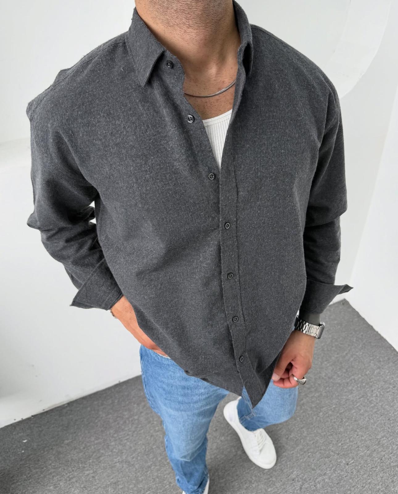 Erkek Oversize Kışlık Düğmeli Uzun Kollu Polo Yaka Gömlek