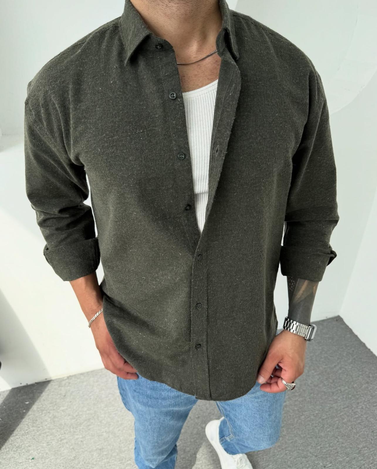 Erkek Oversize Kışlık Düğmeli Uzun Kollu Polo Yaka Gömlek