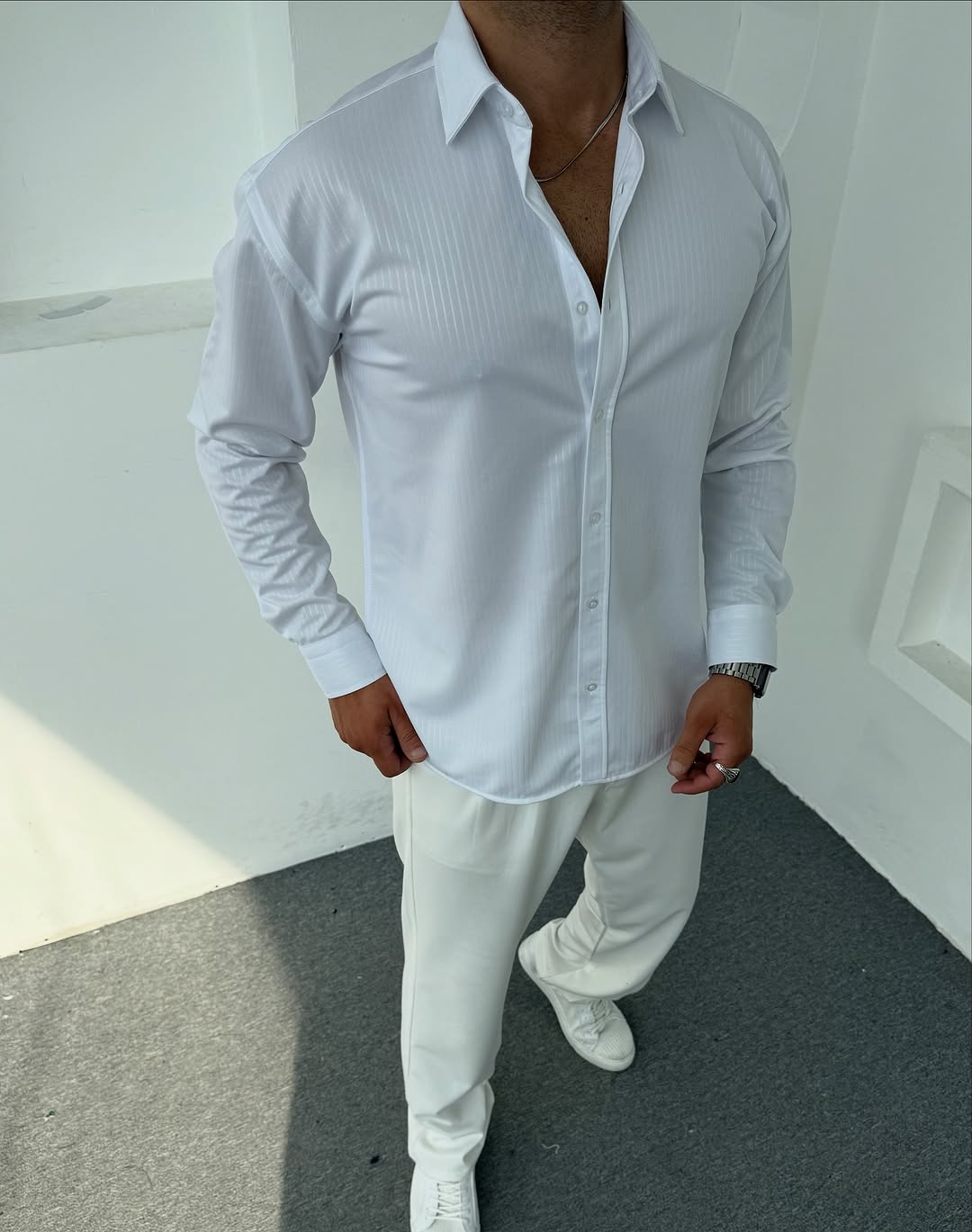 Erkek Polo Yaka Uzun Kollu Kendinden Çizgili Gömlek, Oversize Kalıp, Pamuk-Polyester