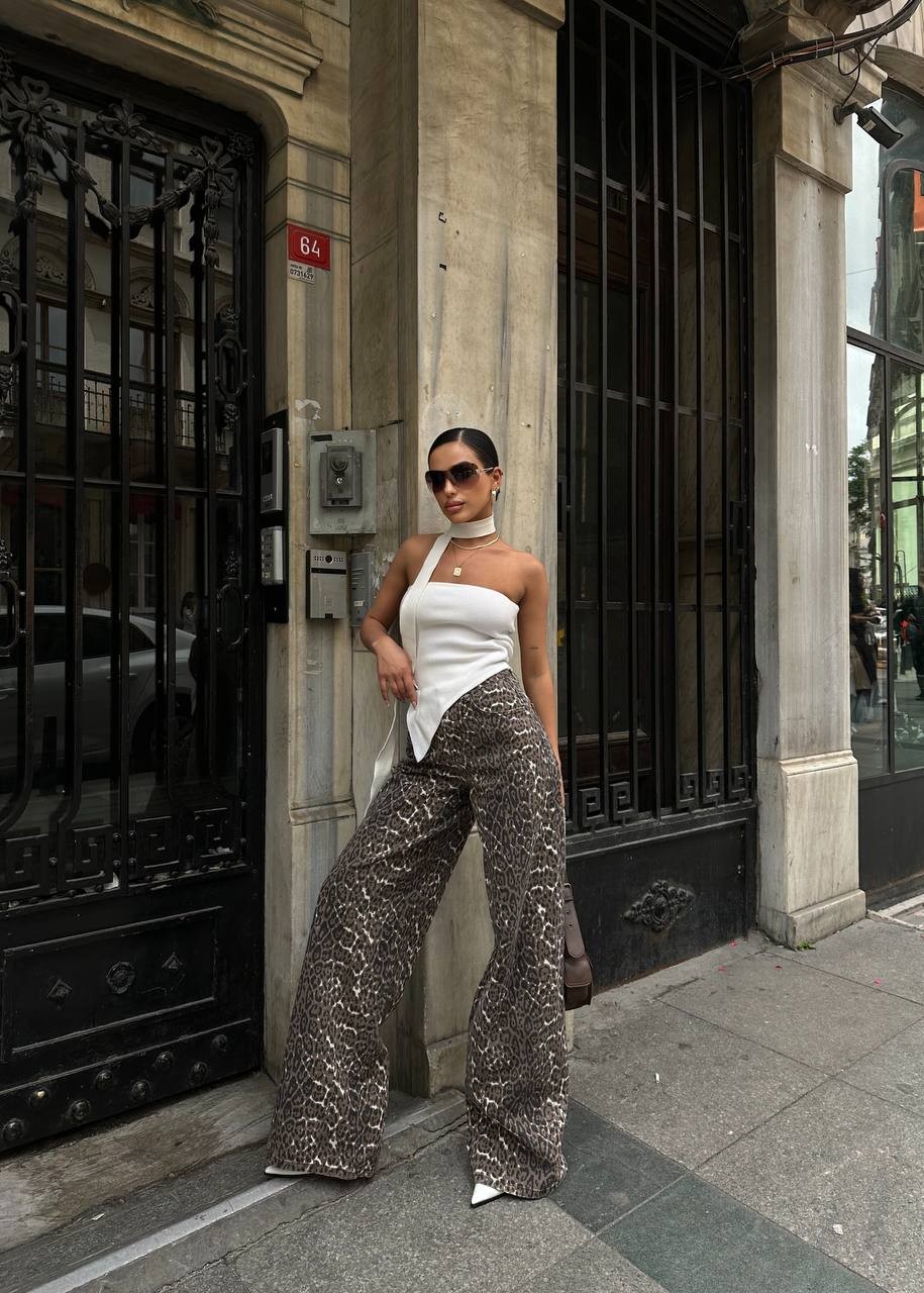 Yüksek Bel Leopar Desen Baggy Jean