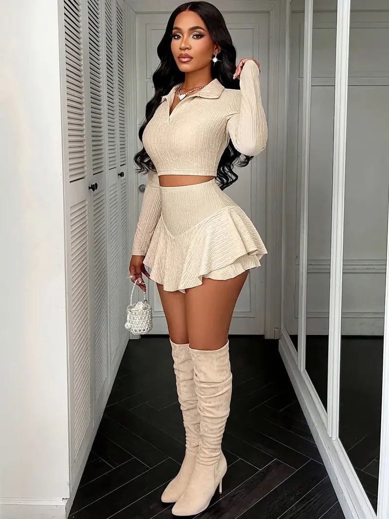Khloe Uzun Kollu Dolgulu Şort Etek İkili Takım