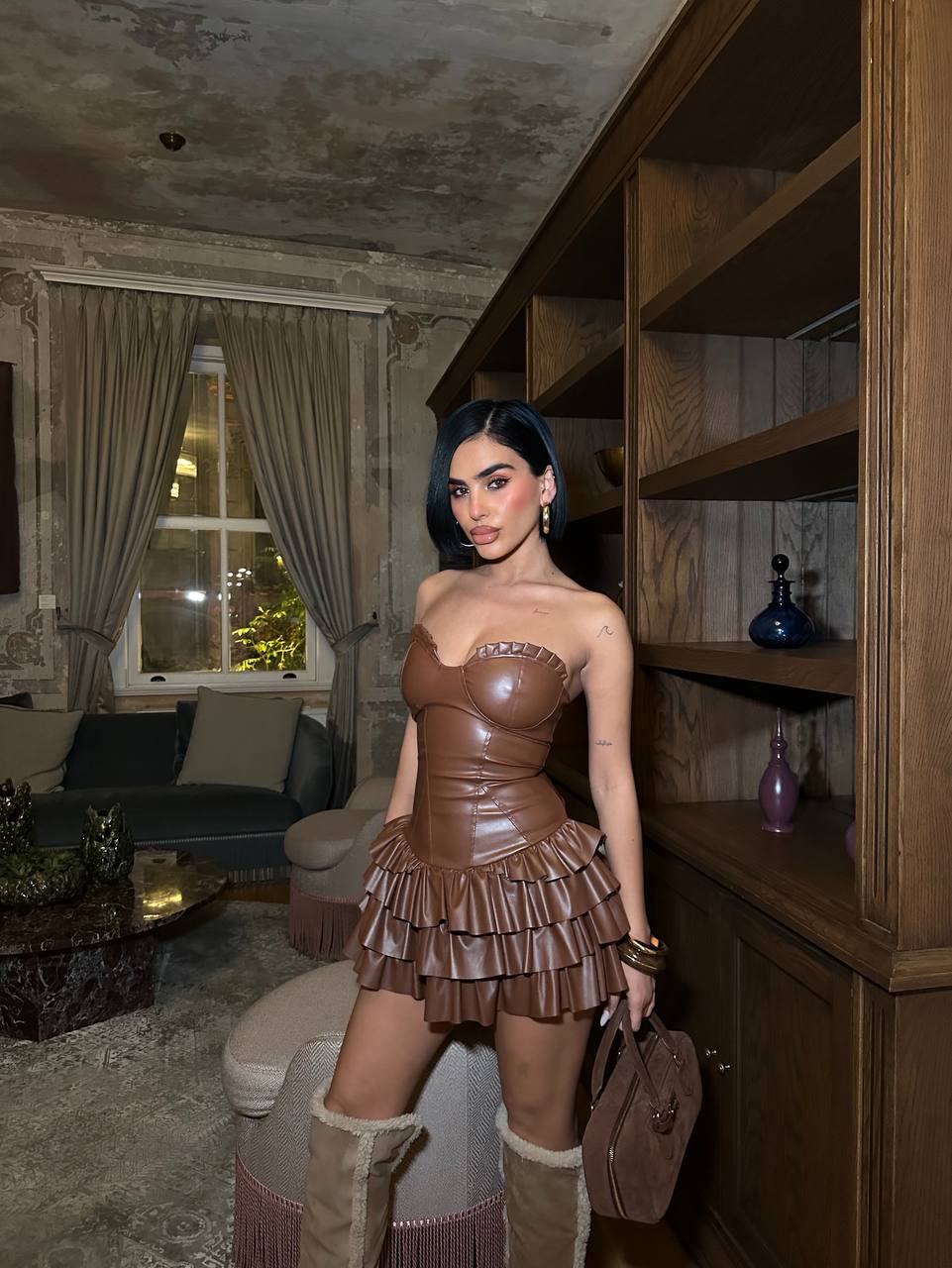 Camellia Gloplu Deri Tasarım Mini Elbise - Kahverengi