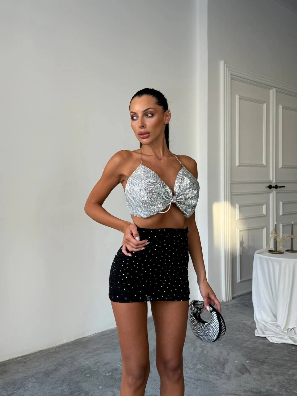 Aria Tasarım Taş Kurdele Crop - Gri
