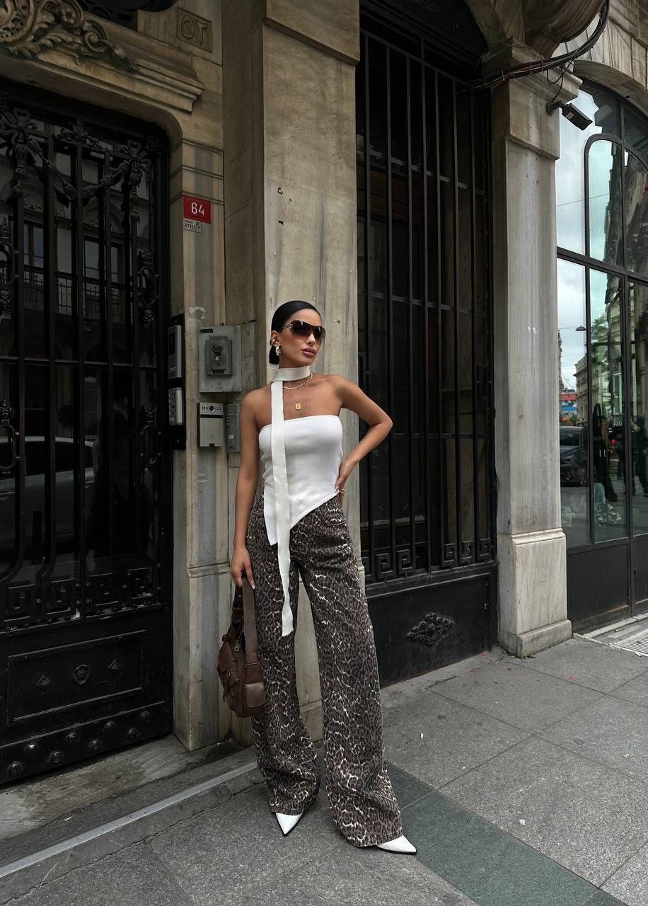 Yüksek Bel Leopar Desen Baggy Jean