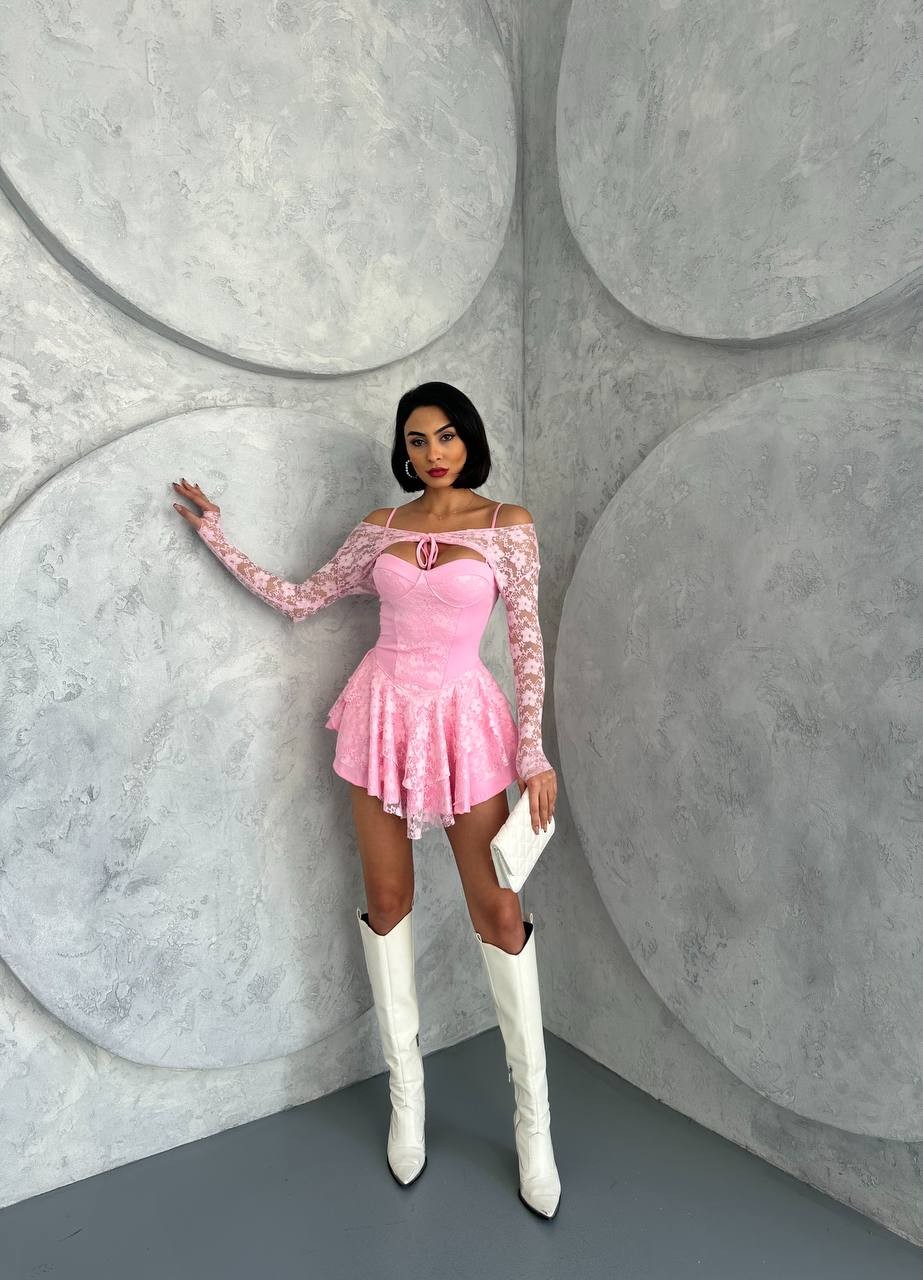 Addie Dantelli Mini Elbise - Pembe
