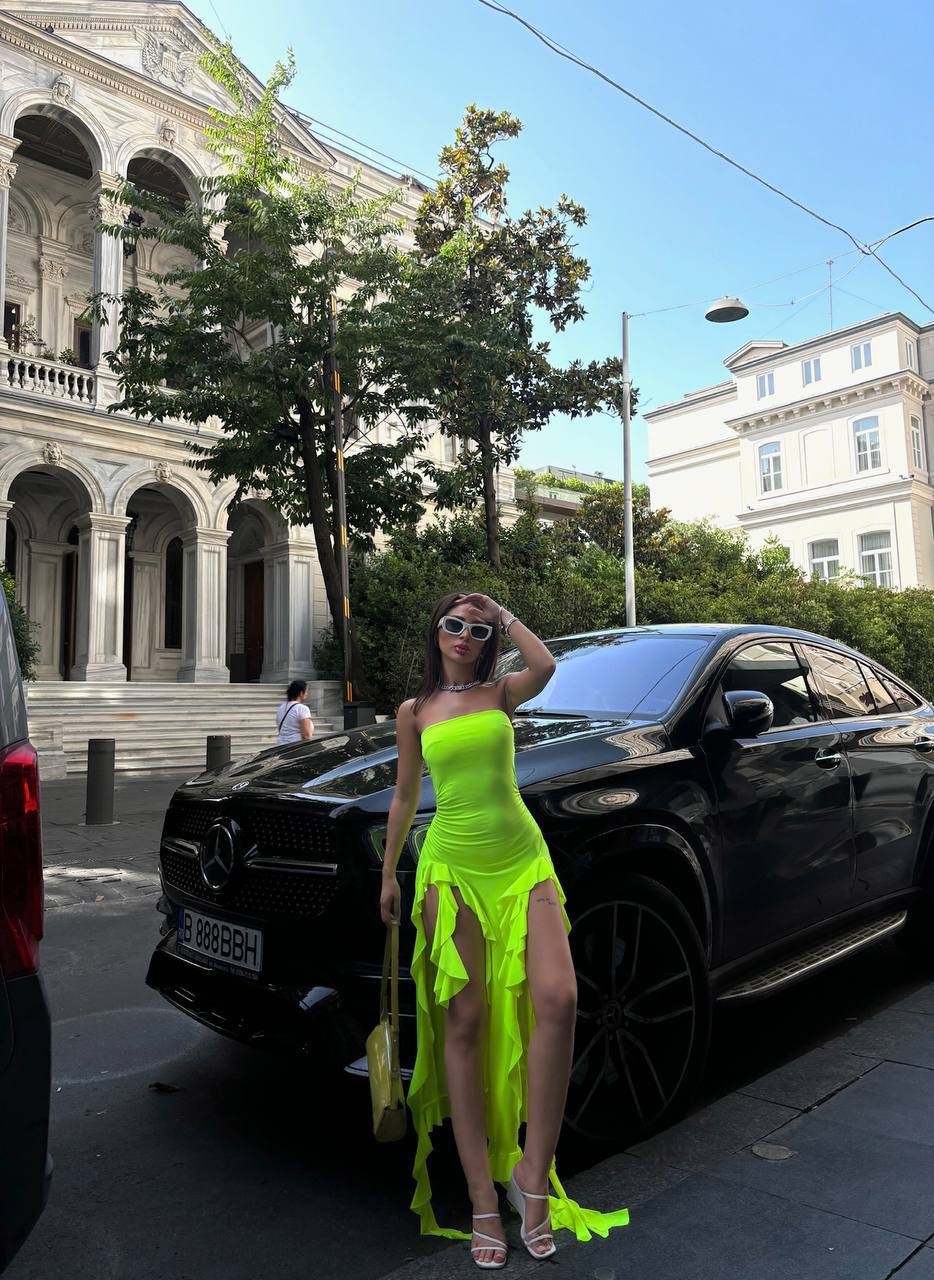 Jewell Tasarım Maxi Boy Elbise - Açık Yeşil Sarı