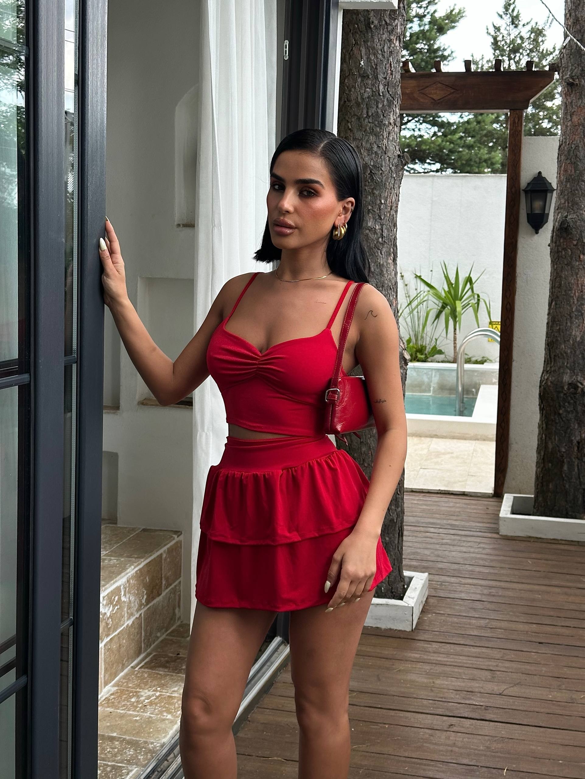Amanda Etek Crop İkili Takım - Kırmızı