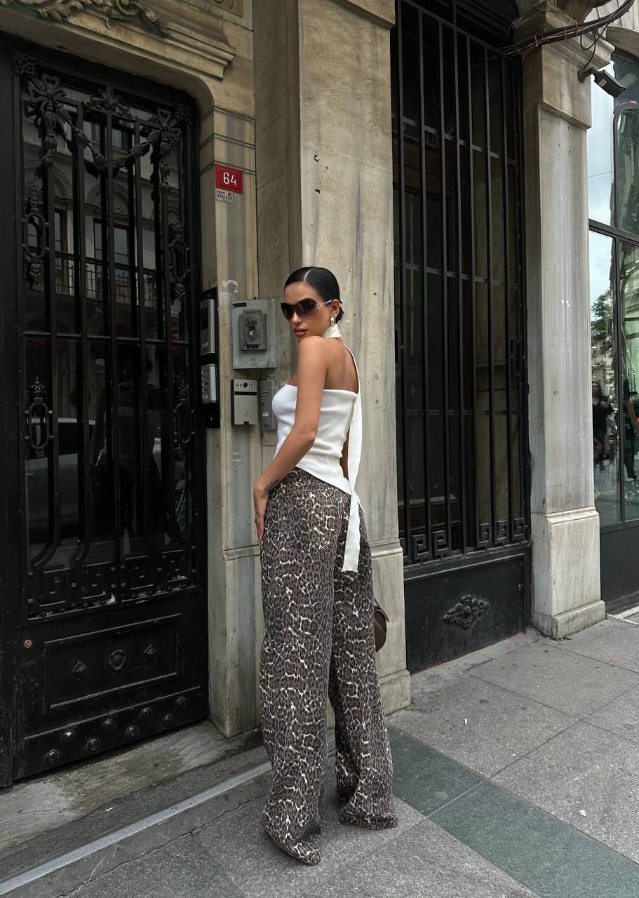Yüksek Bel Leopar Desen Baggy Jean