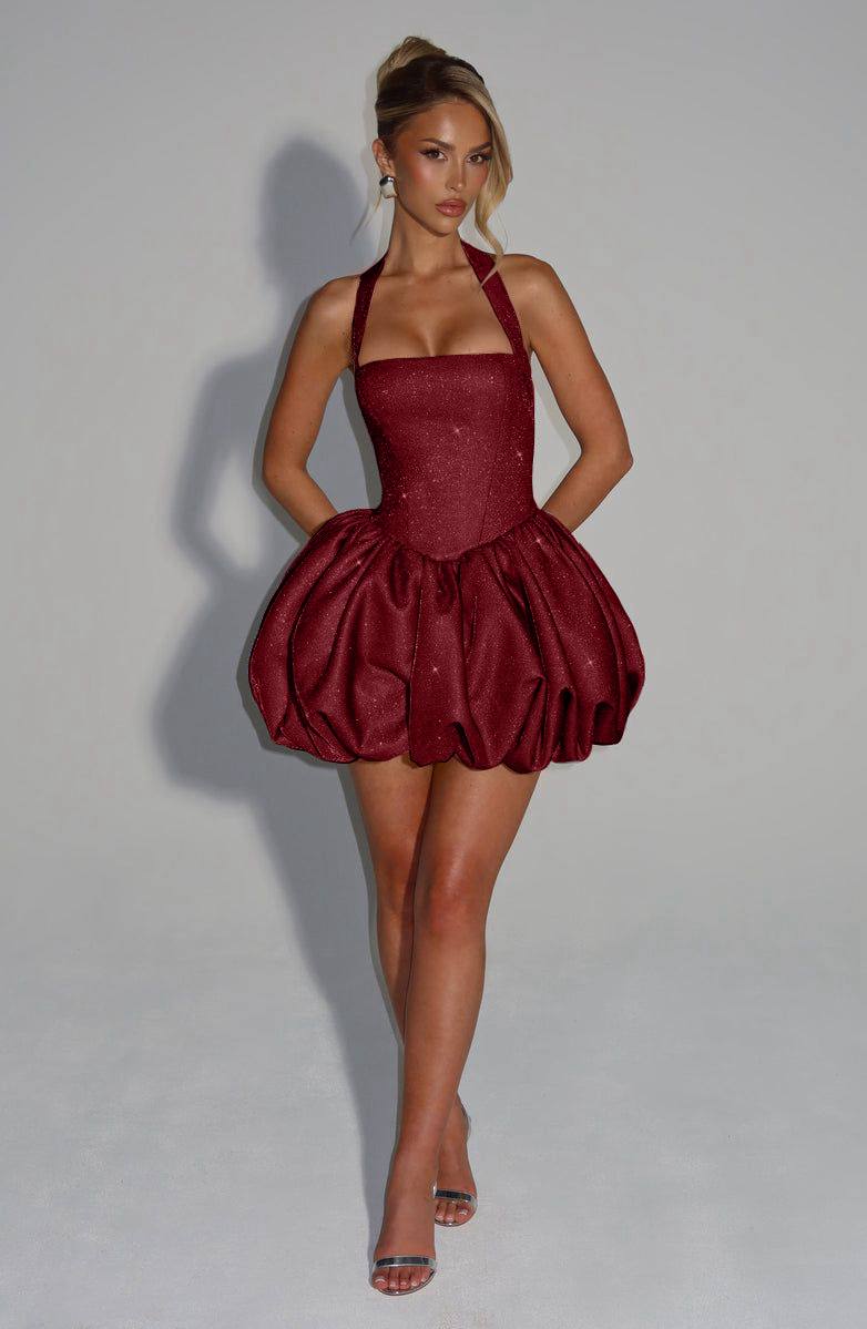 Magnolia Parlak Kumaş Mini Elbise - Bordo