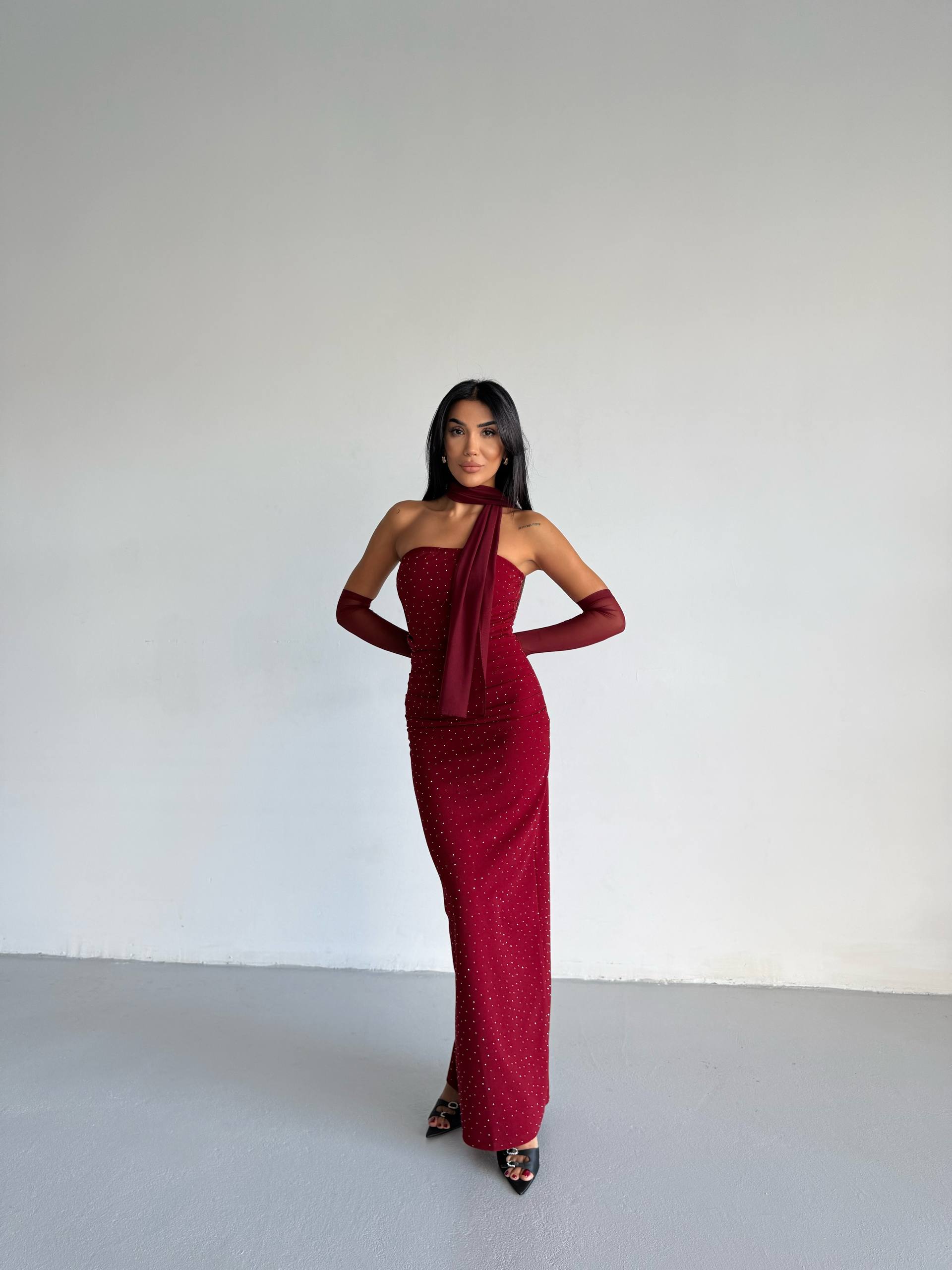 Vanessa Taşlı Tasarım Elbise - Bordo