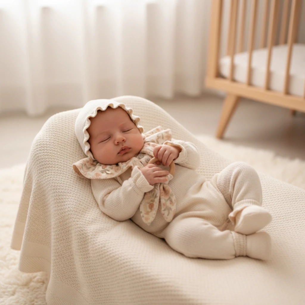 %100 Organik Pamuklu Müslin Bebe Yaka Detaylı Vintage Oyuncaklı 5'li Triko Hastane Çıkış Seti - Ekru