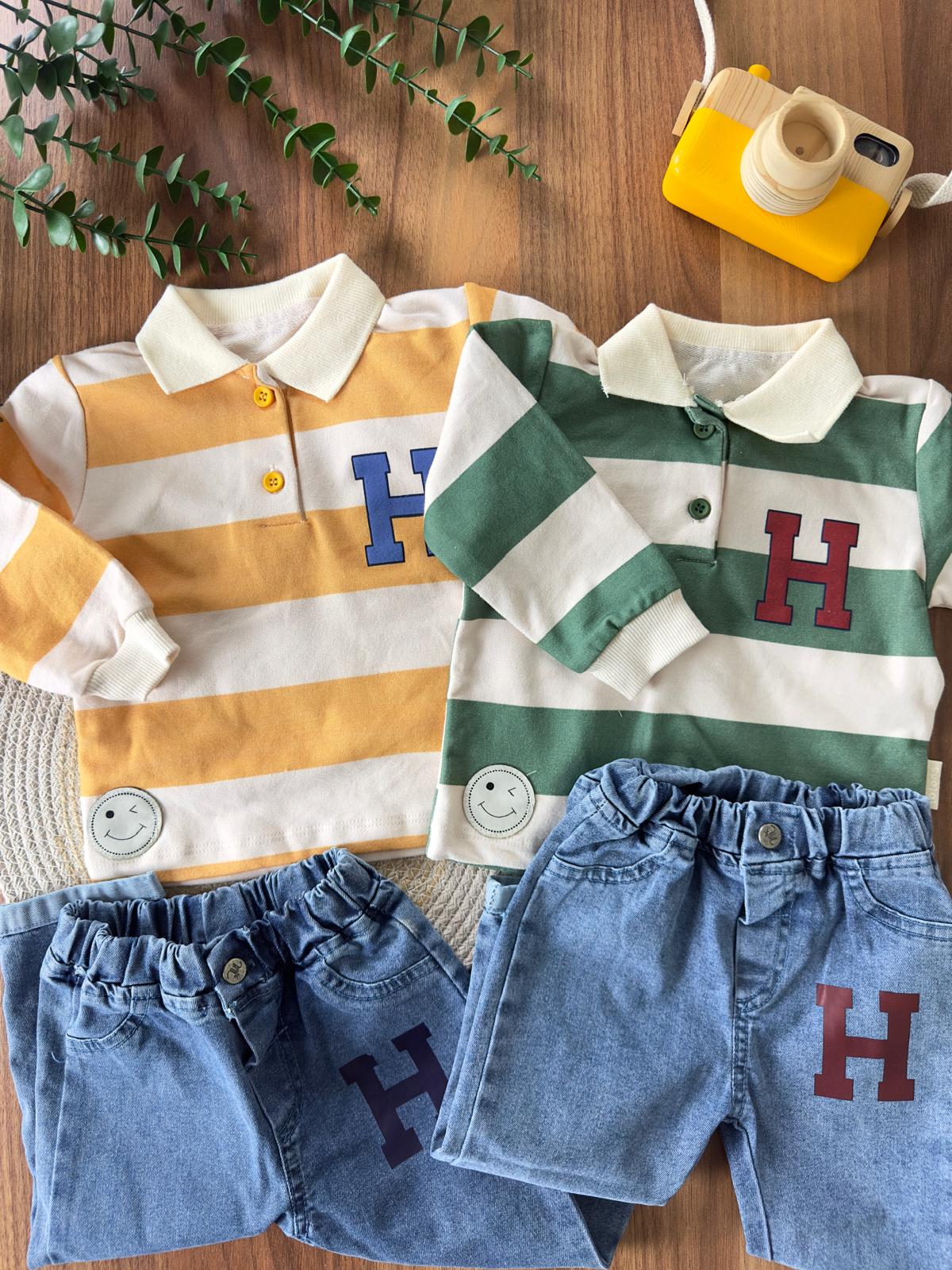 Çizgili ''H'' Baskılı Polo Yaka Ve Kotlu Erkek Bebek İkili Takım - Yeşil