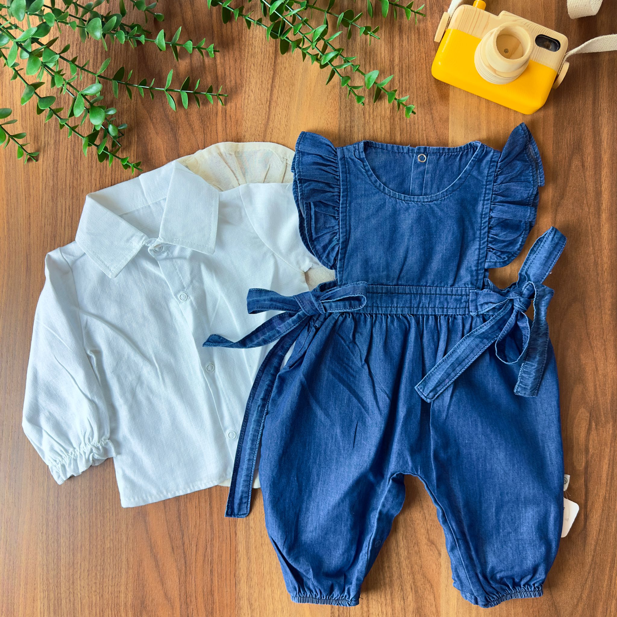 Kız Bebek Gömlekli Denim Kot Tulum Takımı