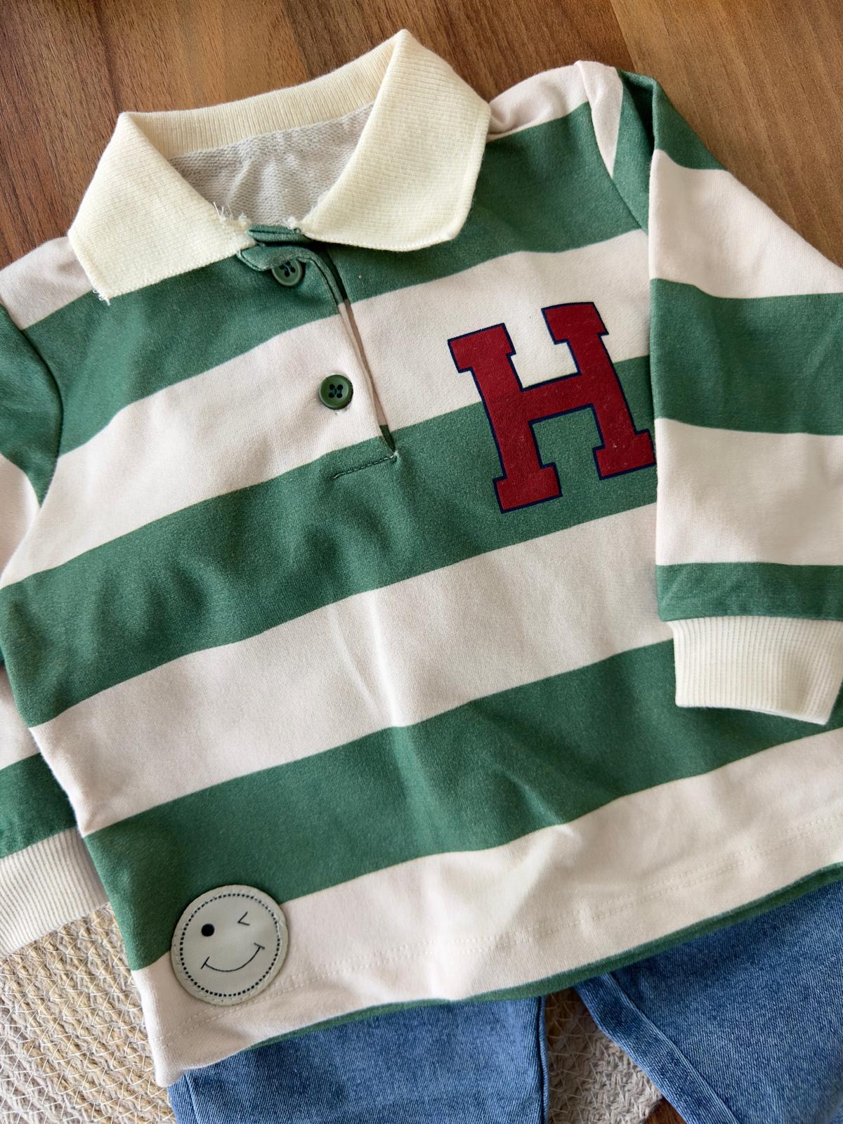Çizgili ''H'' Baskılı Polo Yaka Ve Kotlu Erkek Bebek İkili Takım - Yeşil