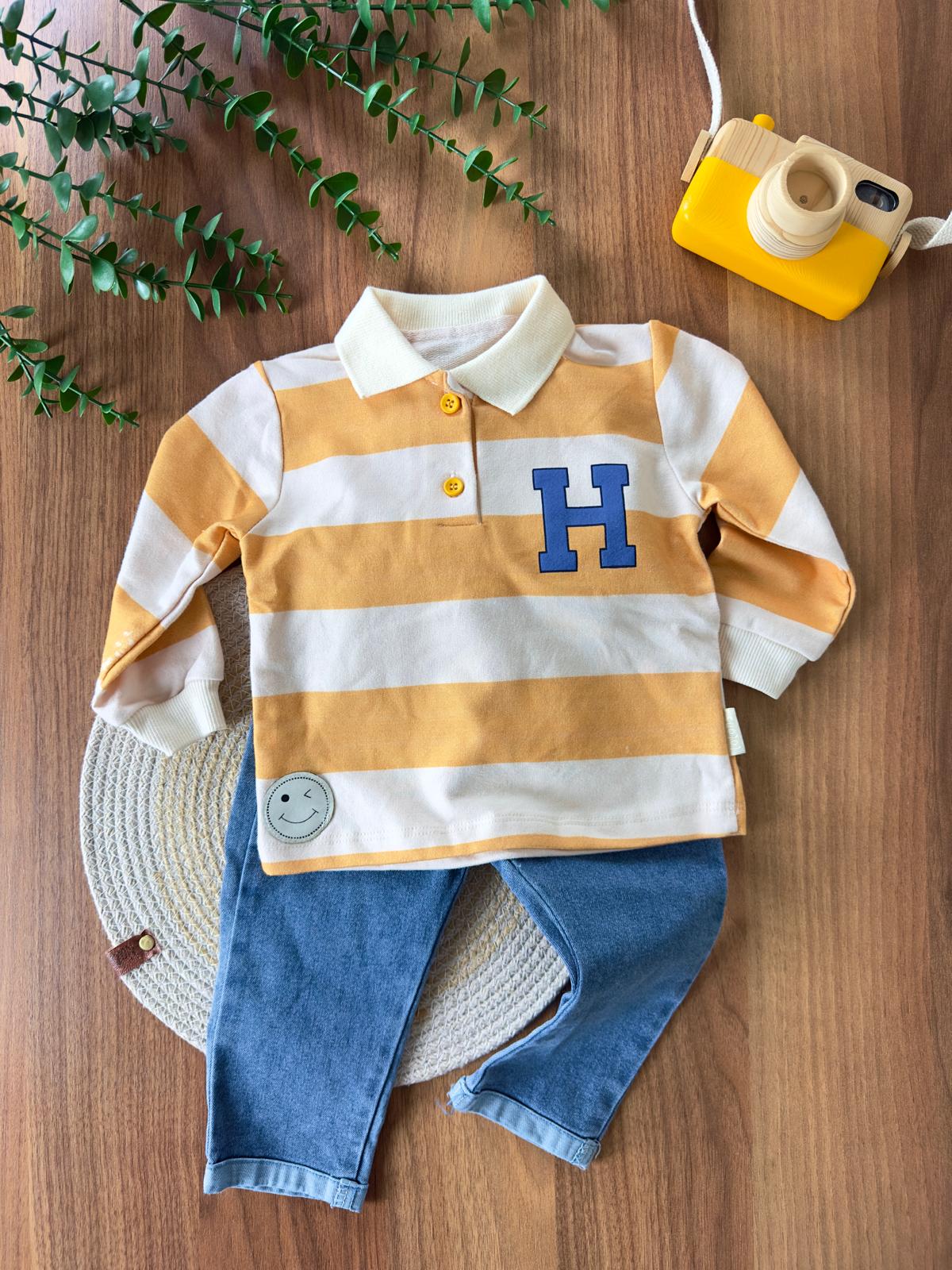 Çizgili ''H'' Baskılı Polo Yaka Ve Kotlu Erkek Bebek İkili Takım - Turuncu