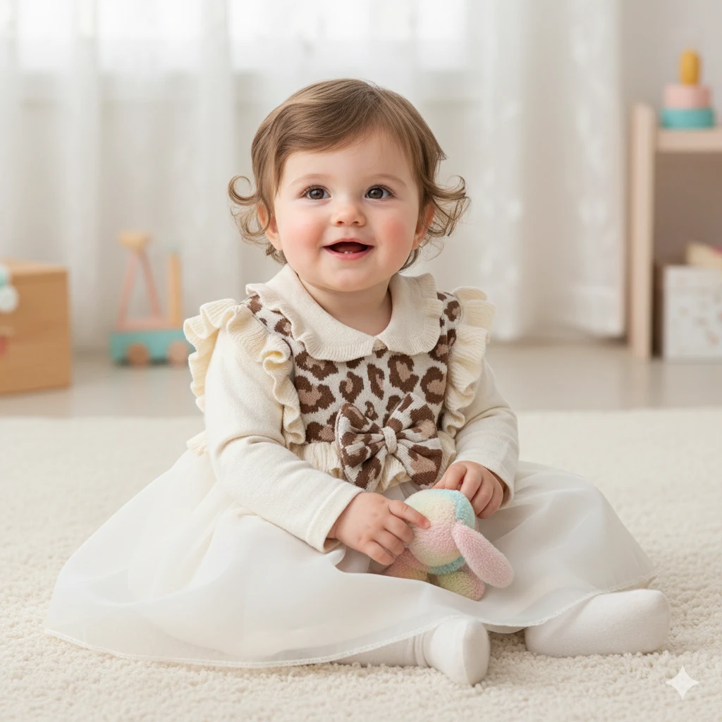 Organik Pamuklu Leopar Desenli Tüllü Triko Elbise