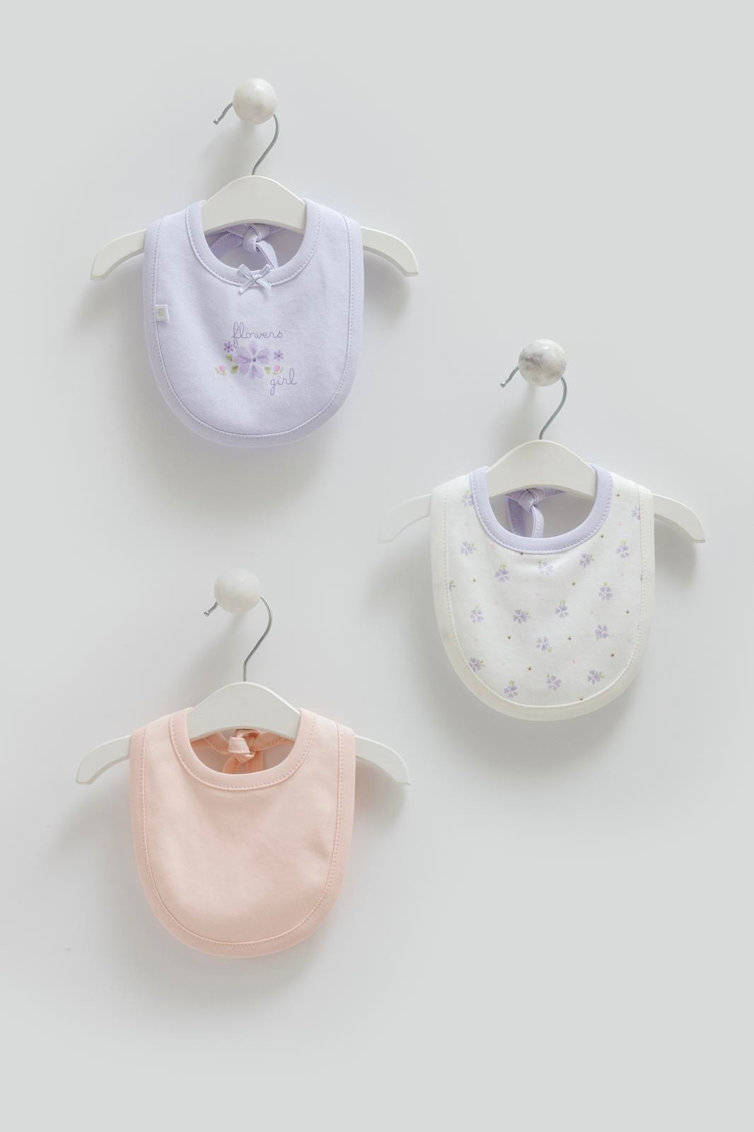 Kız Bebek Flowers 3'lü Mama Önlüğü Seti - Lila