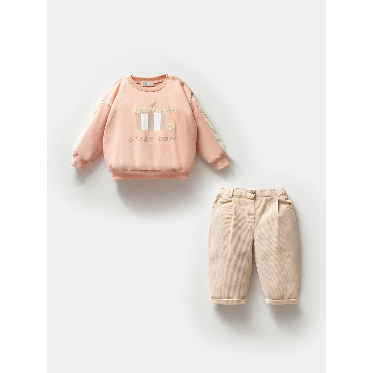 Oversize Model Kadife Pantolonlu Kız Bebek 2'li Takım - Pembe