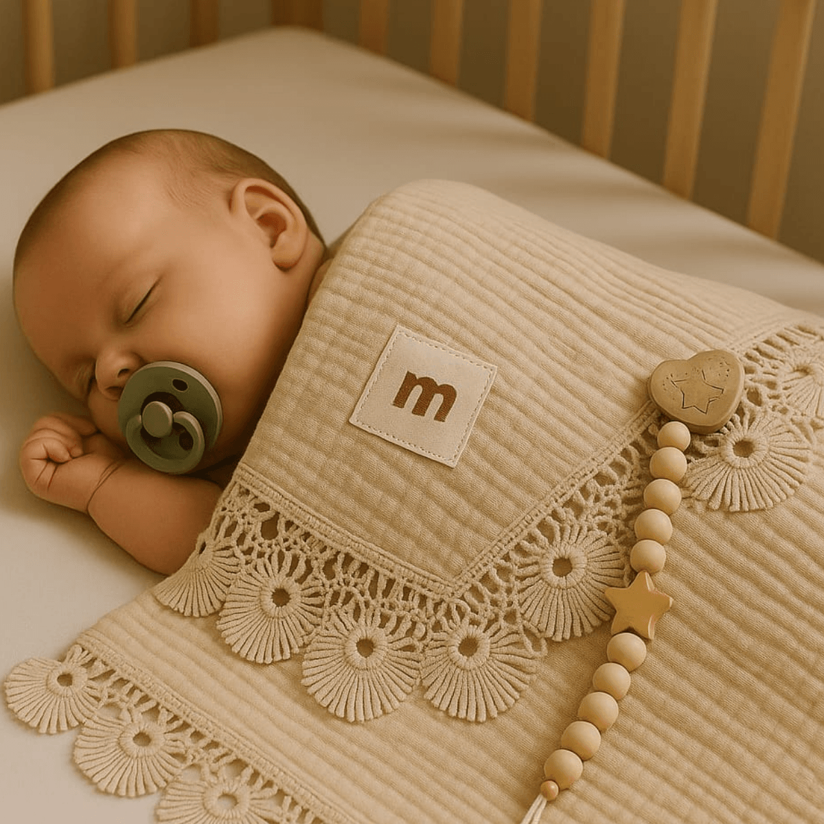 Unisex Müslin Battaniye Emzik Tutacağı Tarak 3lü Set - Bej