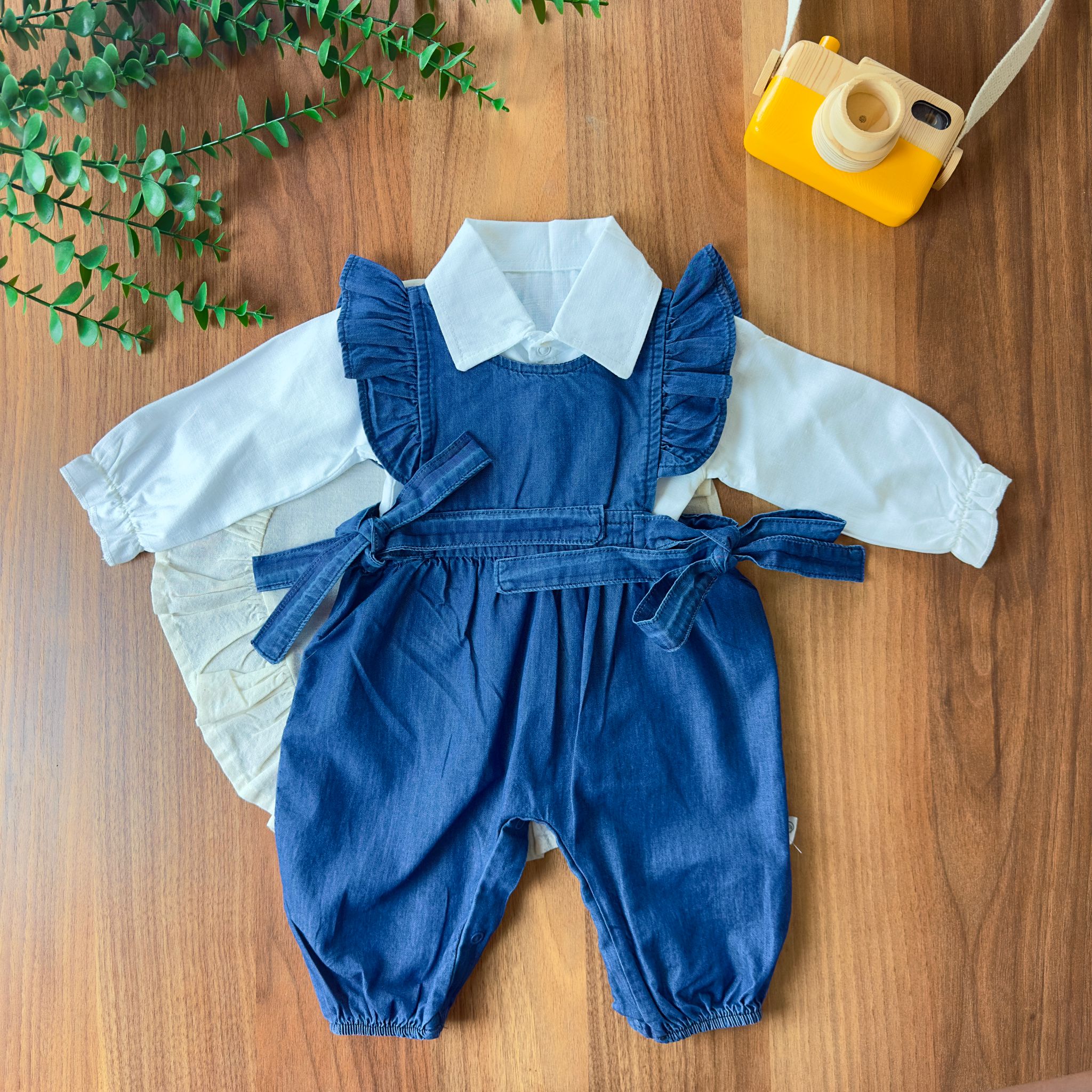 Kız Bebek Gömlekli Denim Kot Tulum Takımı