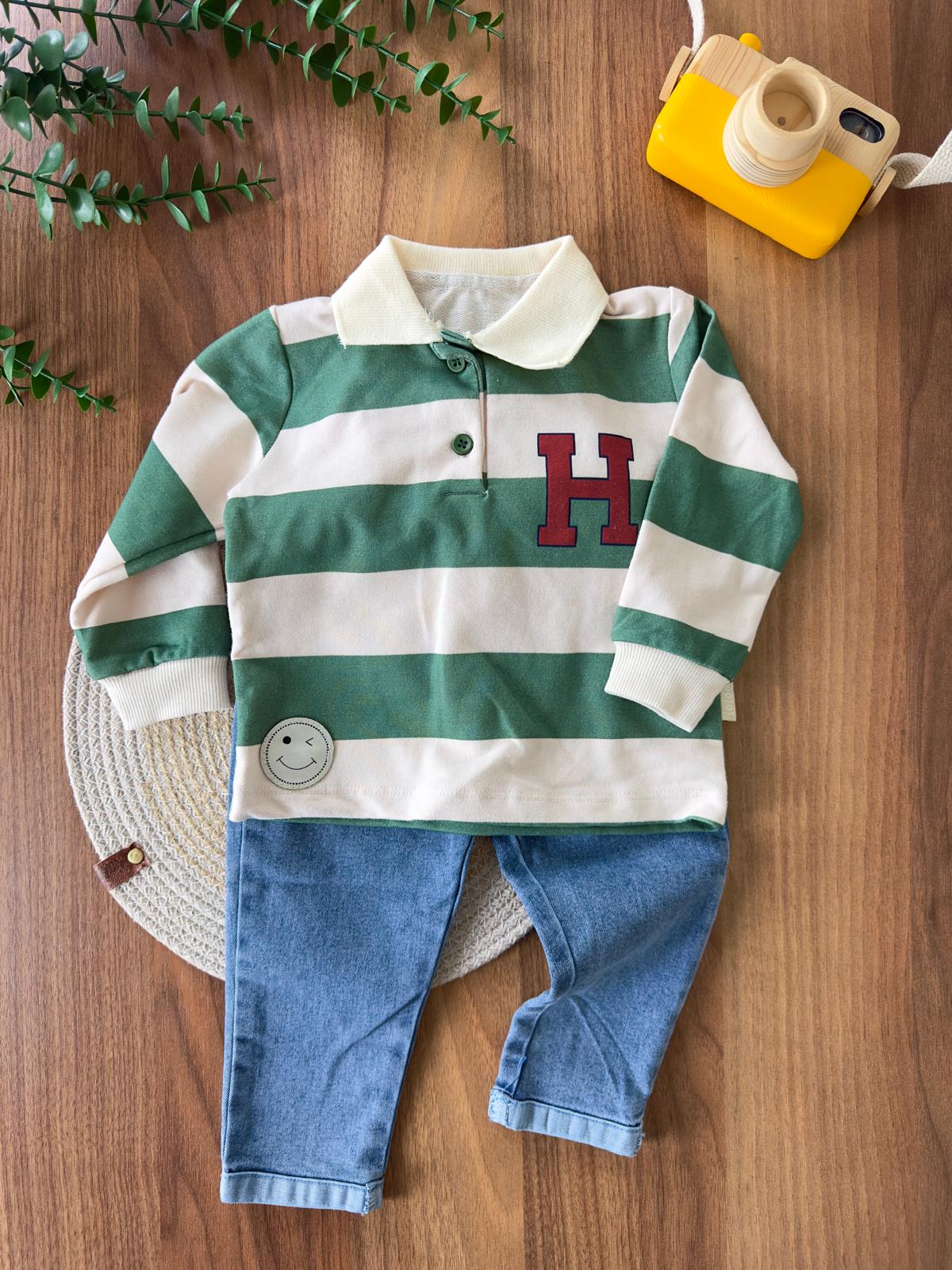 Çizgili ''H'' Baskılı Polo Yaka Ve Kotlu Erkek Bebek İkili Takım - Yeşil