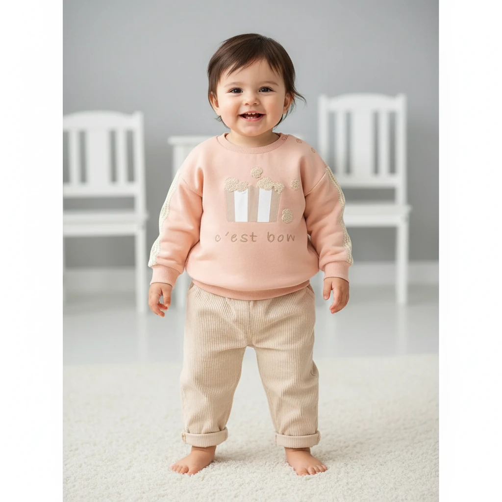 Oversize Model Kadife Pantolonlu Kız Bebek 2'li Takım - Pembe