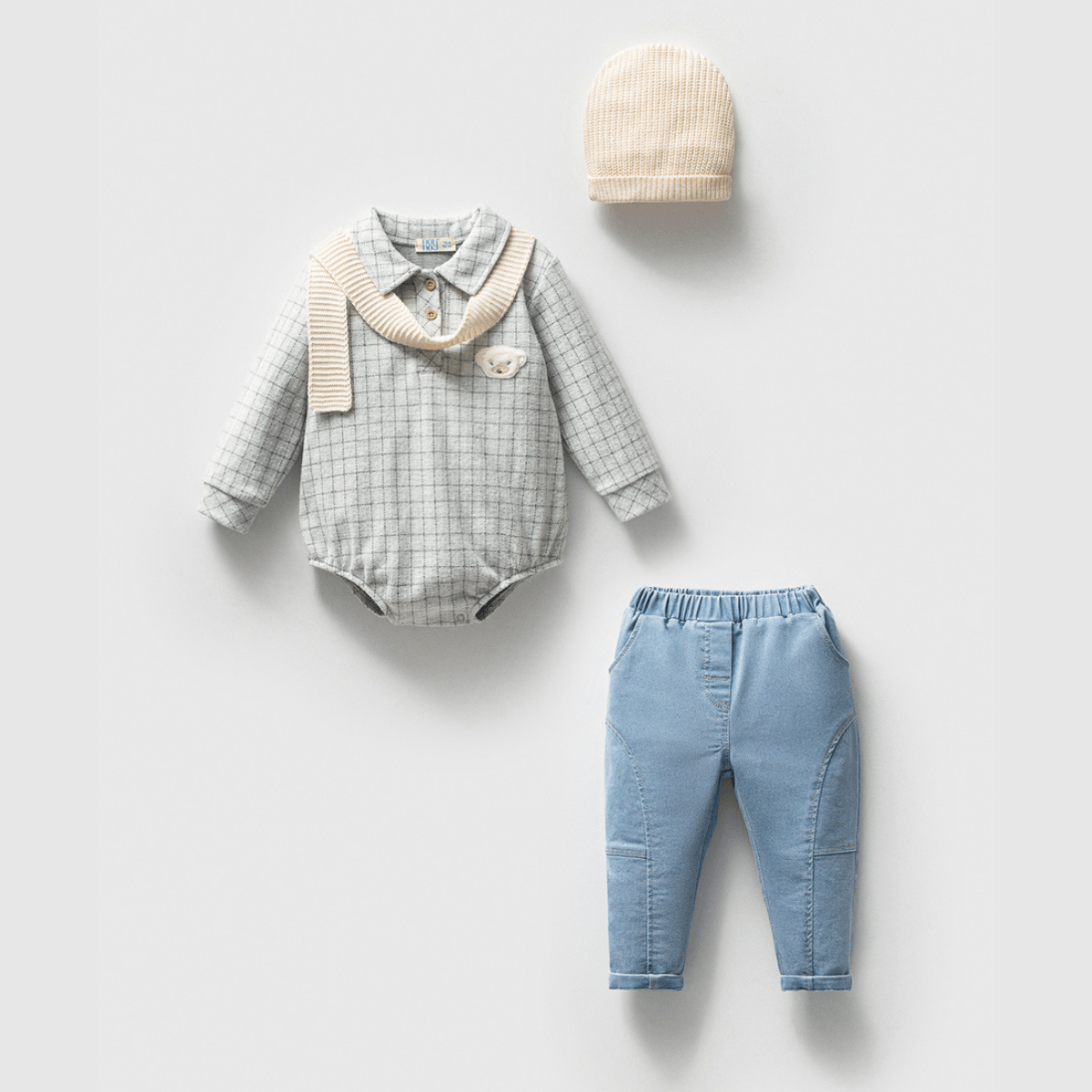 9328- Ayıcık Nakışlı 4'lü Takım Unisex - Gri