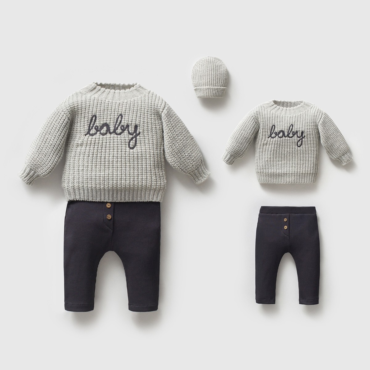 %100 Organik Pamuklu Triko ''Baby'' Nakışlı 3'lü Takım - Gri