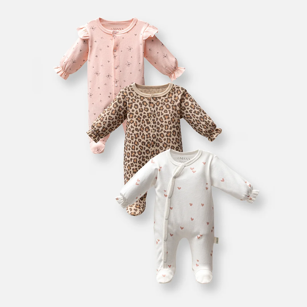 %100 Pamuklu Kız Bebek 3'lü Uzun Kol Patikli Tulum Takımı Leopar