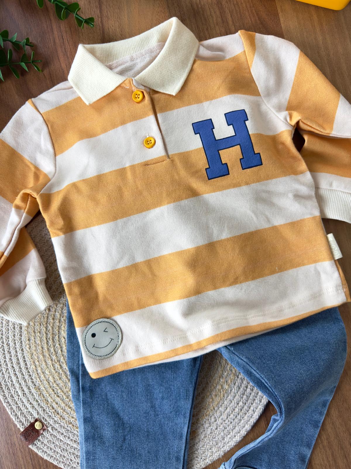 Çizgili ''H'' Baskılı Polo Yaka Ve Kotlu Erkek Bebek İkili Takım - Turuncu