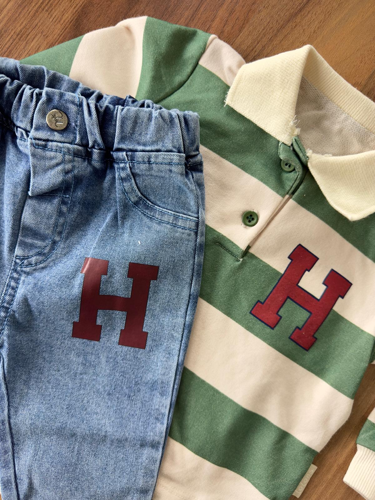 Çizgili ''H'' Baskılı Polo Yaka Ve Kotlu Erkek Bebek İkili Takım - Yeşil