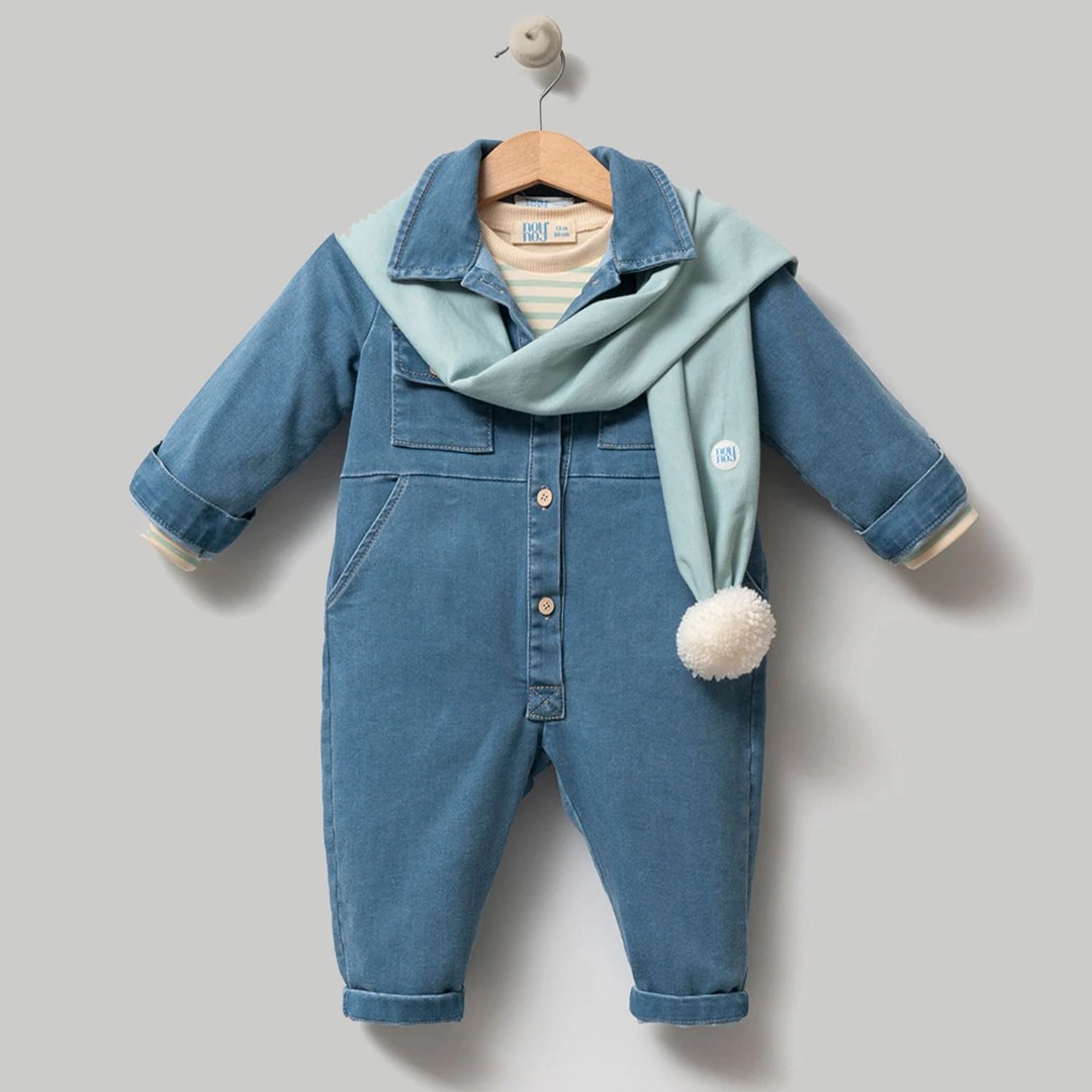 Atkılı Denim Tulum Çizgili Tişört Takımı - Turkuaz