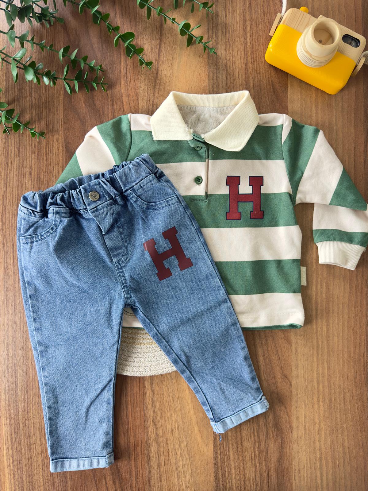 Çizgili ''H'' Baskılı Polo Yaka Ve Kotlu Erkek Bebek İkili Takım - Yeşil