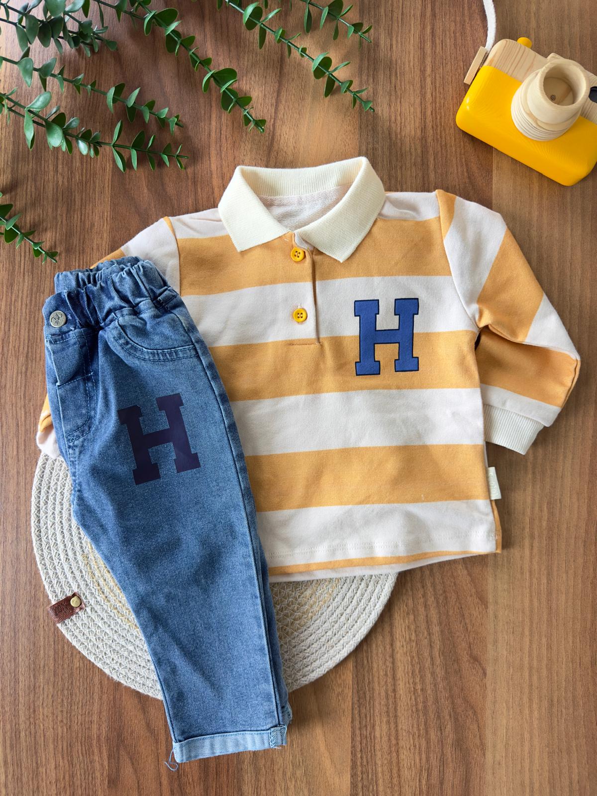 Çizgili ''H'' Baskılı Polo Yaka Ve Kotlu Erkek Bebek İkili Takım - Turuncu