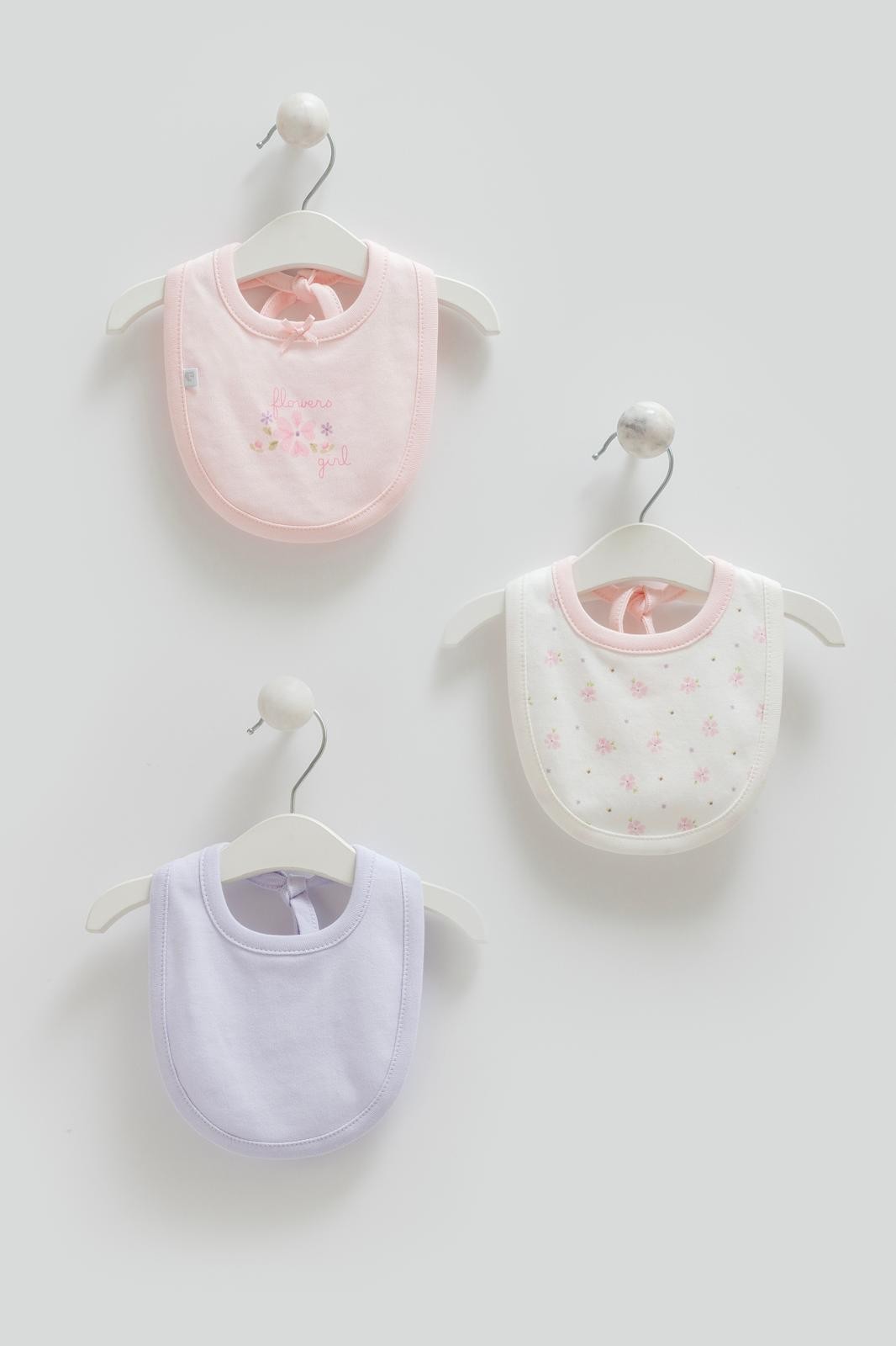Kız Bebek Flowers 3'lü Mama Önlüğü Seti - Pembe