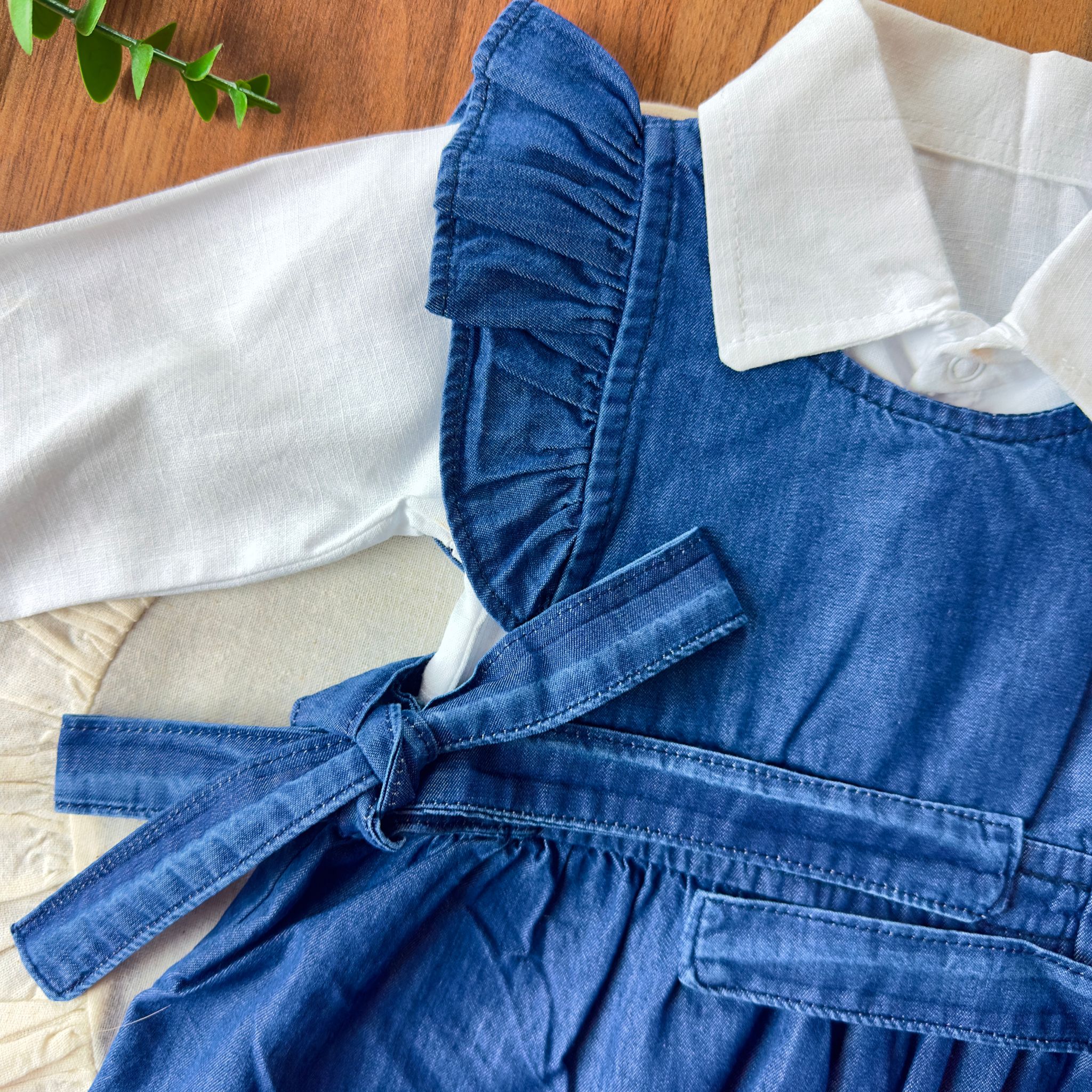 Kız Bebek Gömlekli Denim Kot Tulum Takımı