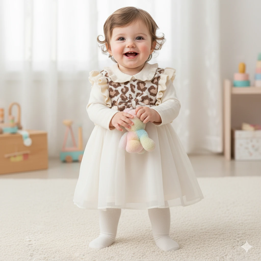 Organik Pamuklu Leopar Desenli Tüllü Triko Elbise